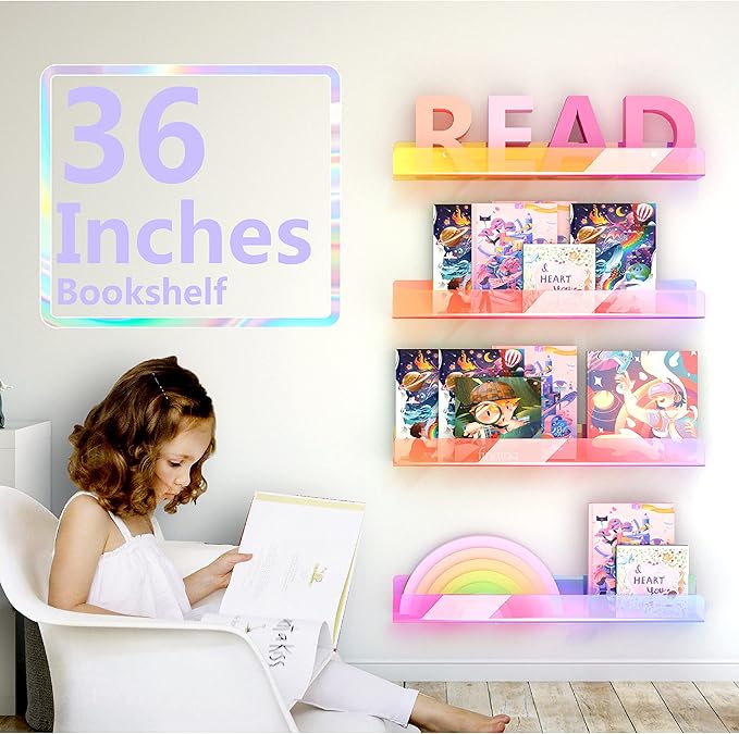 36 inches Iridescent Acrylic Floating Shelf,Wall Mounted Kids Bookshelf, Display Book Shelves for Kids Nursery Toddler Classroom 2 Packs-CubbioJoy