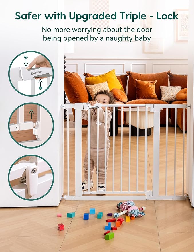 Babelio 29-43" Magnetic Baby Gate for Stairs,Doorways House,Kitchen,30" Tall Pet Barrier with Baffles,Pressure Mounted & Dual-Lock Design Safety for Kids Toddler,Auto-Close/Hold-Open,White-CubbioJoy