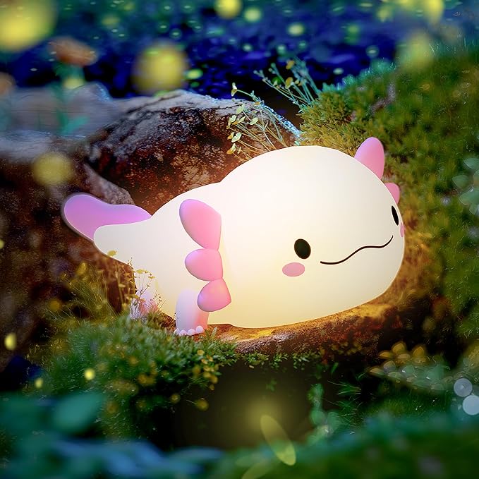 UNEEDE Axolotl Night Light for Kids,Animal Silicone Nursery Night Lamp, Rechargeable Table Lamp Bedside Lamp,Cute Room Decor Night Light for Bedroom,Living Room,Dining,Desk Decorations,Gift-CubbioJoy