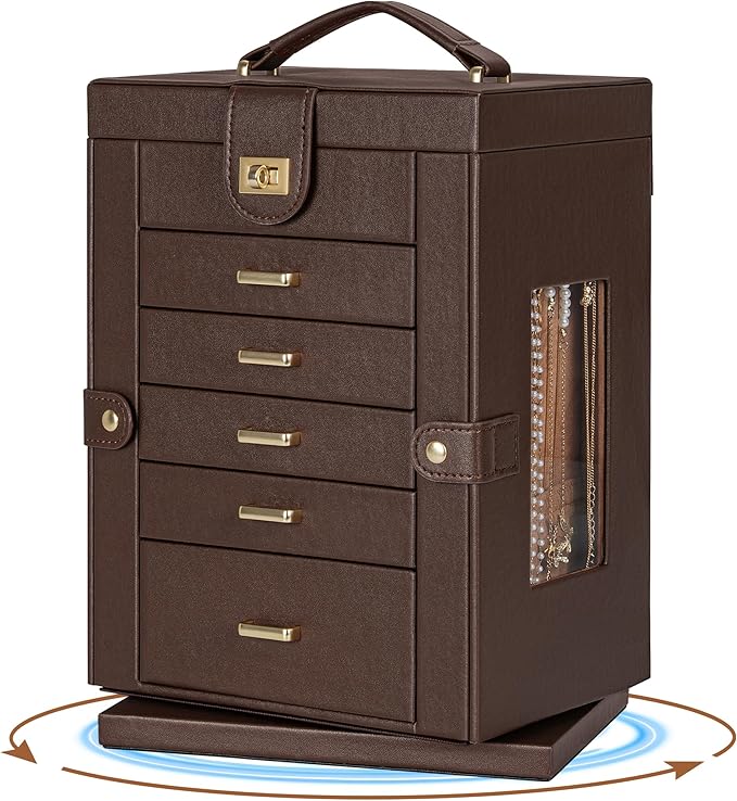 AKOZLIN 360° Rotating Jewelry Box 6-Tier Organizer Functional 360° Rotating Jewelry Storage Case for Women Girls Ring Necklace Earring Bracelet Holder with Mirror Brown-CubbioJoy