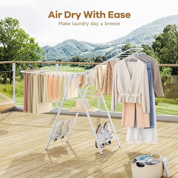 APEXCHASER Drying Rack for Clothing Foldable, Metal Laundry Rack Collapsible, Ultra Thin Gullwing Clothes Airer with Adjustable Height for Towel Baby Clothes Indoor Outdoor Laundry Room, White-CubbioJoy