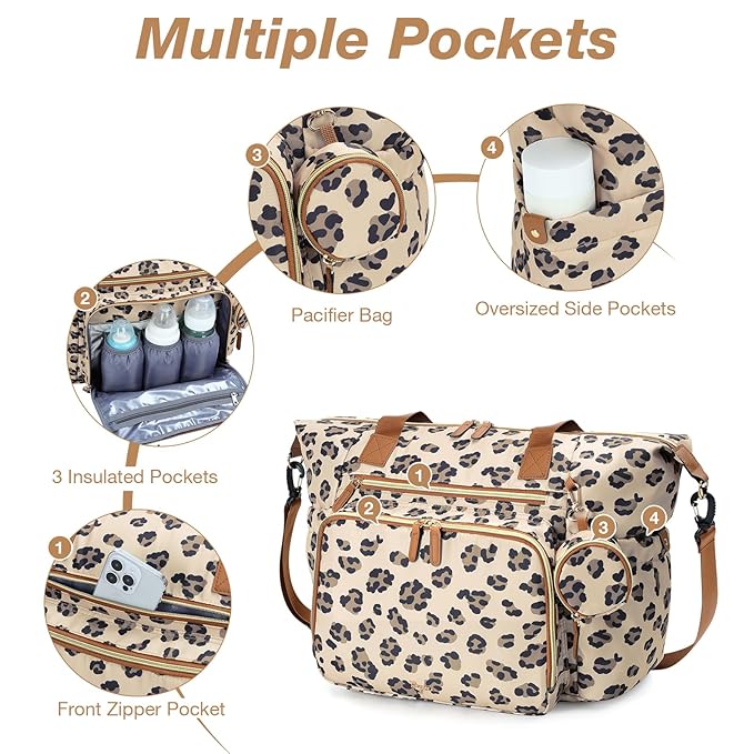 Diaper Bag Tote, Large Baby Diaper Bags for Travel, Hospital Bag for Labor Delivery with Pacifier Case, Changing Pad, Shoulder Strap, Leopard Print-CubbioJoy