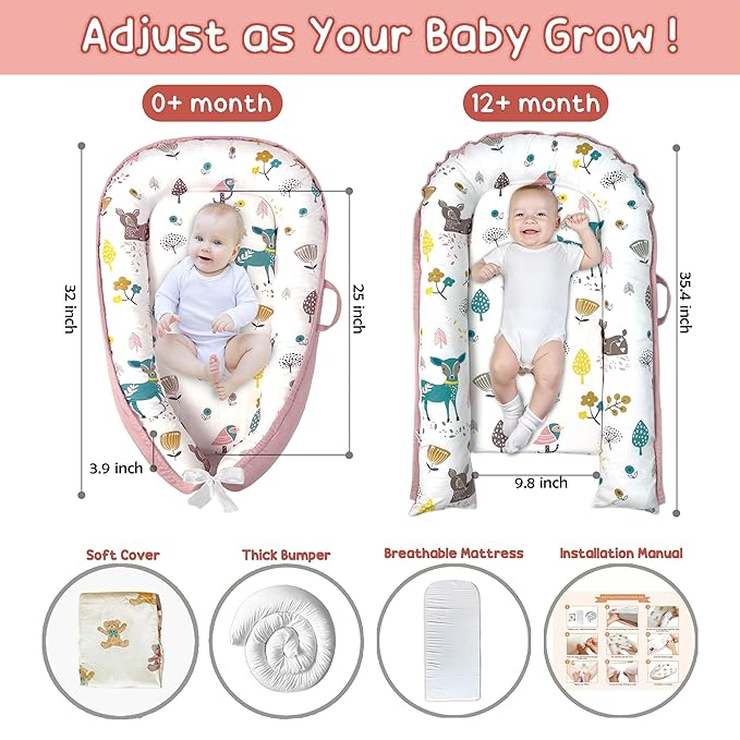 Baby Lounger - Baby Lounger for Newborn 0-24 Months, Breathable, Soft Cotton Baby Nest, Portable Infant Lounger for Home & Travel, Newborn Essentials Gift (Pink Deer)-CubbioJoy