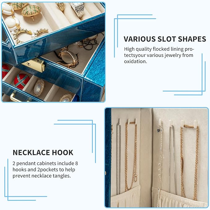 AKOZLIN 6-Tier Jewelry Box Lockable Leather Jewelry Storage Case with 5 Drawers for Women Girls Ring Necklace Earring Bracelet Holder Organizer with Mirror Blue-CubbioJoy