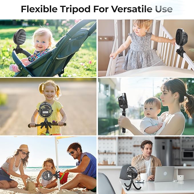 COMLIFE Misting Baby Stroller Fan, Rechargeable Battery Operated, 270° & 360° Pivoting, 50ml Portable Water Sprayer Misting Fan with Flexible Tripod Clip on Car Seat Crib Treadmill Bunk Bed-CubbioJoy