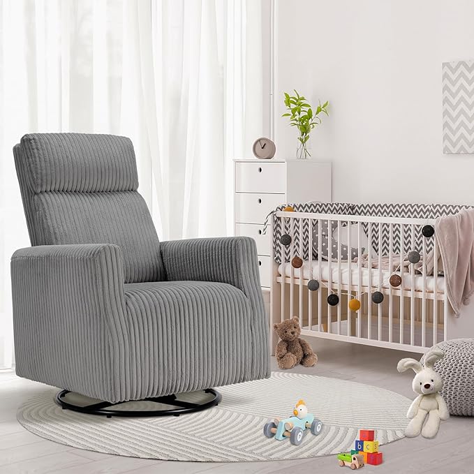 CANMOV Swivel Rocker Chair Set of 2, Swivel Accent Chair with High Back and Arms, Corduroy Glider Chair for Living Room Bedroom Nursery, Grey-CubbioJoy