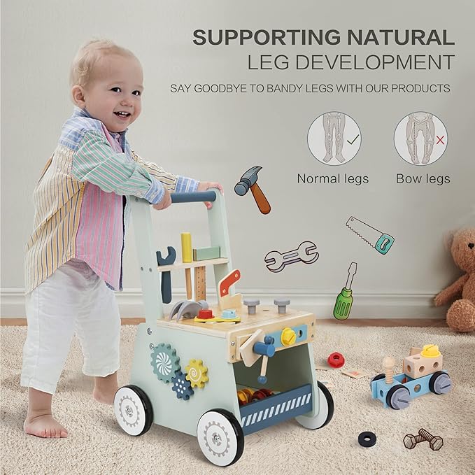 2-in-1 Baby Push Walker - Wooden Push Walker and Tool Toy for Babies - Toddler Learning Activity Walker for Girls Boys 1-3 Years - Educational and Sturdy Construction-CubbioJoy