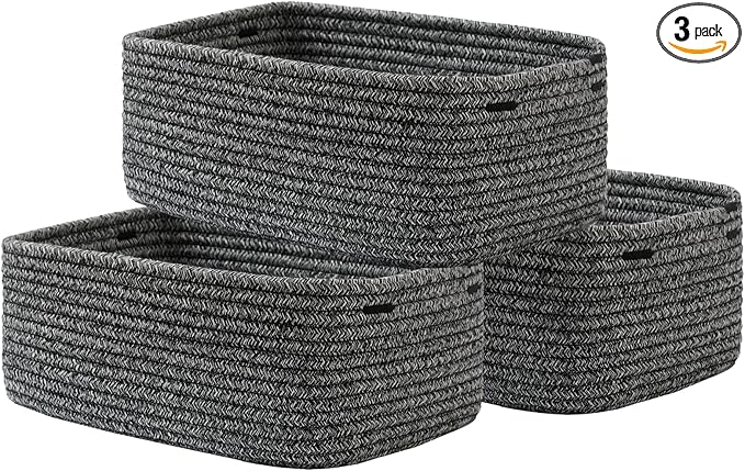 KALLAX Small Woven Basket, 13.5 x 9.5 x 5 Inches, Storage Basket for Organizing, Cute Small Rope Shelf Closet Cube Storage Bins Baskets for Shelves, Dog Toy Gift Baskets Empty, 3 Pack Mixed Black-CubbioJoy