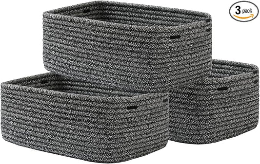 KALLAX Small Woven Basket, 13.5 x 9.5 x 5 Inches, Storage Basket for Organizing, Cute Small Rope Shelf Closet Cube Storage Bins Baskets for Shelves, Dog Toy Gift Baskets Empty, 3 Pack Mixed Black-CubbioJoy