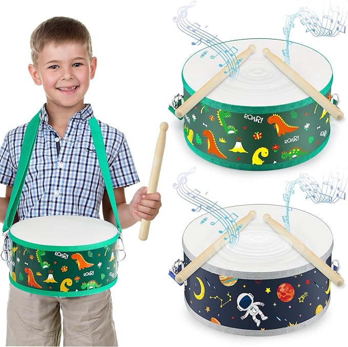 Boao 1 Pc Kids Drum Set, 8 Inch Toddler Drum Wooden Toy with Adjustable Strap and 4 Drumsticks, Educational Sensory Musical Instrument for Toddlers Kid Baby Boys Girls Gift (Dinosaur)-CubbioJoy