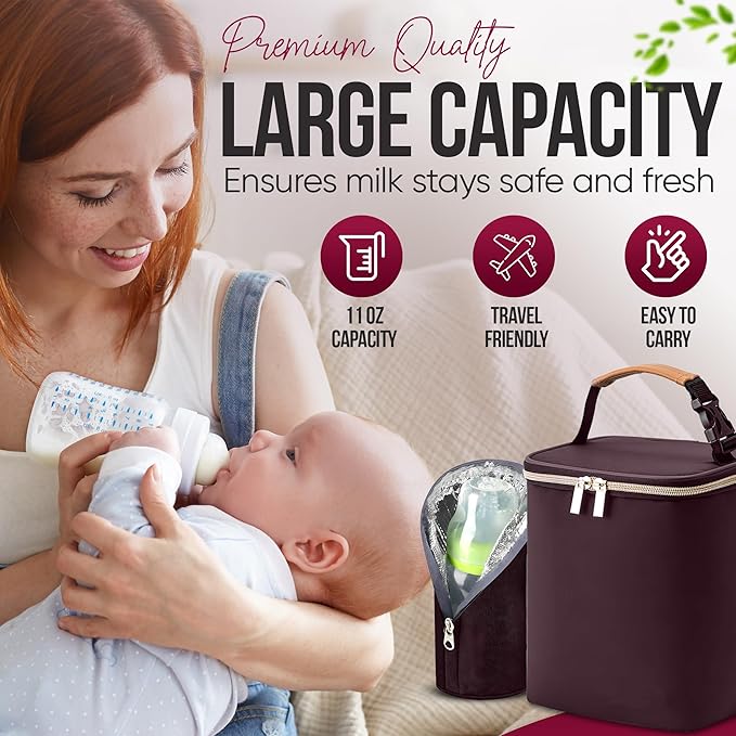 BreastMilk Cooler with Ice Packs and Tote Bags for Nursing, Large Capacity, Waterproof, Fits 9 Baby Bottles Up to 11 oz, Dark Brown-CubbioJoy