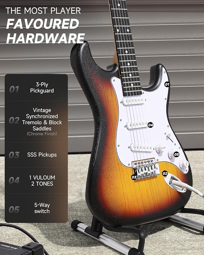 DONNER DST-80 Electric Guitar 39” Beginner Electric Guitar Kit with Amp, Classic SSS Pickup Complete with Gig Bag, Tuner, Capo, Strap, Picks, and Free Online Lessons-CubbioJoy