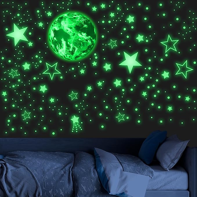 965 PCS Glow in The Dark Stars and Earth for Ceiling, Luminous Stars and Planet Wall Decals, Kids Room Decor, Glowing Galaxy Wall Stickers for Nursery Decorations (Green)-CubbioJoy