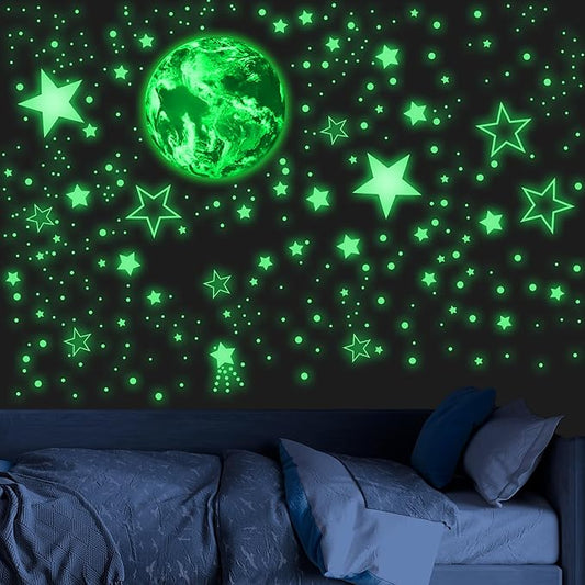 965 PCS Glow in The Dark Stars and Earth for Ceiling, Luminous Stars and Planet Wall Decals, Kids Room Decor, Glowing Galaxy Wall Stickers for Nursery Decorations (Green)-CubbioJoy