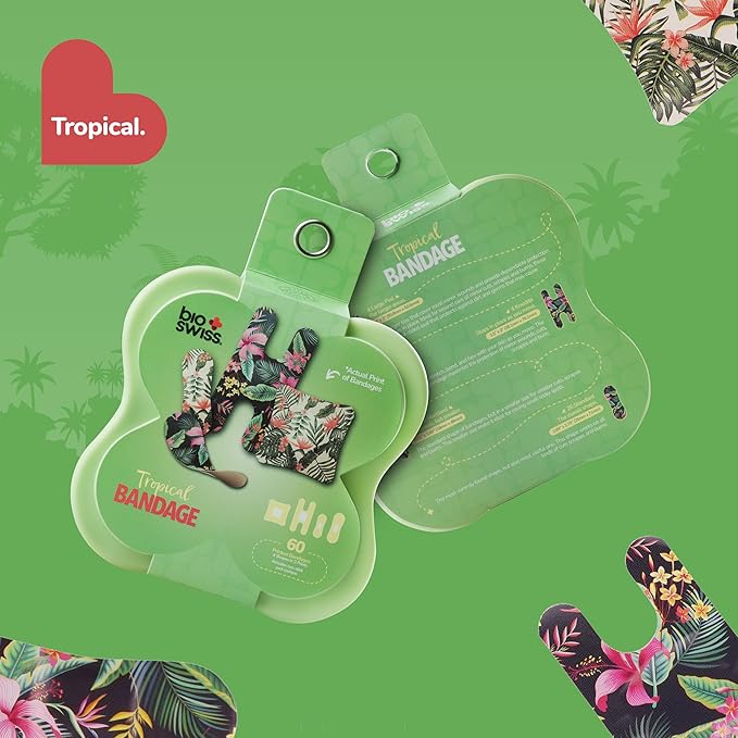 BioSwiss Bandages, Assorted Size Tropical Print Self Adhesive Bandage, Latex Free Sterile Wound Care, First Aid Kit Supplies for Kids and Adults, 60 Count-CubbioJoy