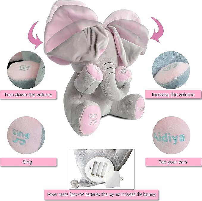 Aidiya Elephant Stuffed Animals Baby Gifts Peluches Ear Interactive Elephant Talking Singing Plush Toys for Girls Boys Gift Adjustable Volume 11.8" Set (Pink)-CubbioJoy