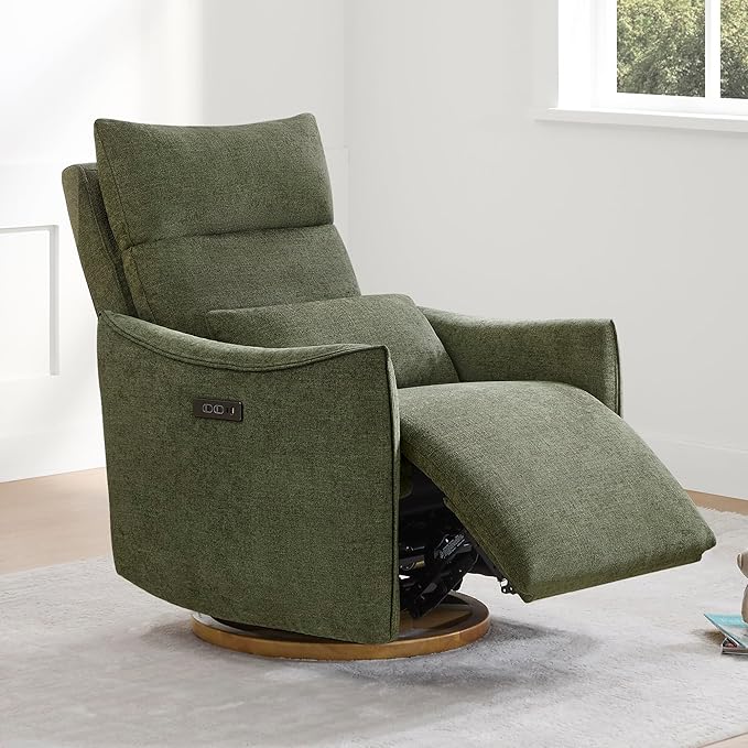 CHITA Swivel Rocker Recliner Chair, Power Nursery Glider Recliner, Nursery Rocking Chair with Adjustable Power Headrest, FSC Certified, Solid Wood Base, Moss Green-CubbioJoy