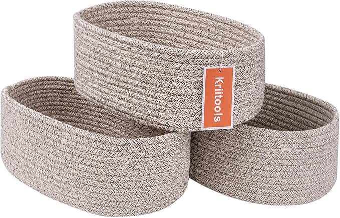 Cute Shelf Basket to Store and Organize Household Items/Baskets&Bins for Daily Storage &Organizing/Woven Rope Basket for Living Room, Playroom/Small Oval-13x8.66x5.11’’,3 Packs Light Brown-CubbioJoy