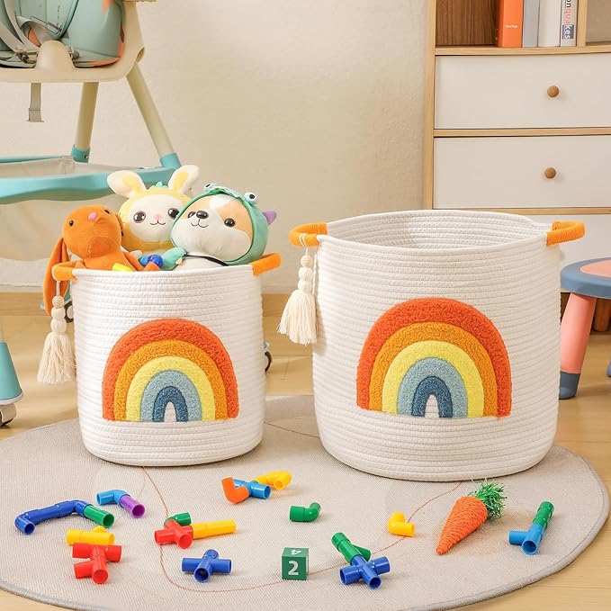 INough Toy Storage Baskets Woven Cotton Rope Storage Basket Kids Blanket Baskets for Living Room, Toys Organizer with Embroidery Colorful Rainbow Decor, Baby Basket for Laundry Nursery (Boho Rainbow)-CubbioJoy