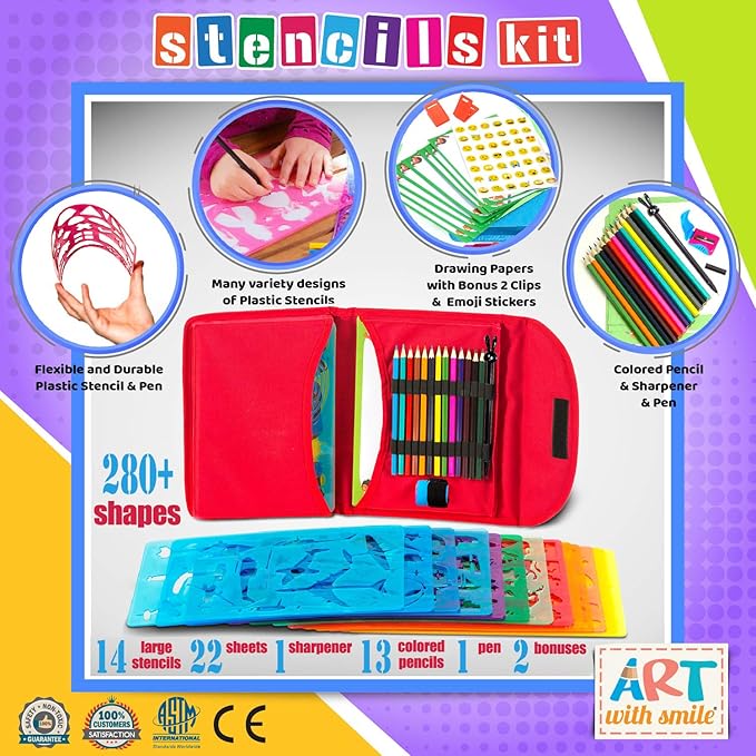 Drawing Stencils for Kids Kit & Carry Case – – Child-Safe, Non-Toxic Stencil Set with 300 Shapes, Colored Pencils, Paper, Etc. – Birthday Gifts & Travel Art Supplies for Creativity, Learning and Fun-CubbioJoy