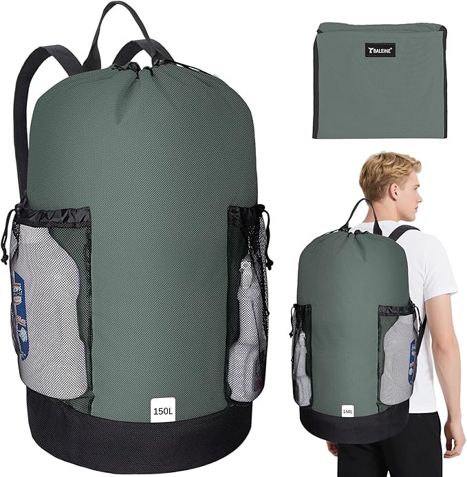 BALEINE 150L Laundry Bag Backpack, 900D Oxford Fabric Large Travel Laundry Bags with Shoulder Straps and 2 Mesh Pockets for College Dorm, Apartment, Laundromat (Dark Grey, 150L)-CubbioJoy