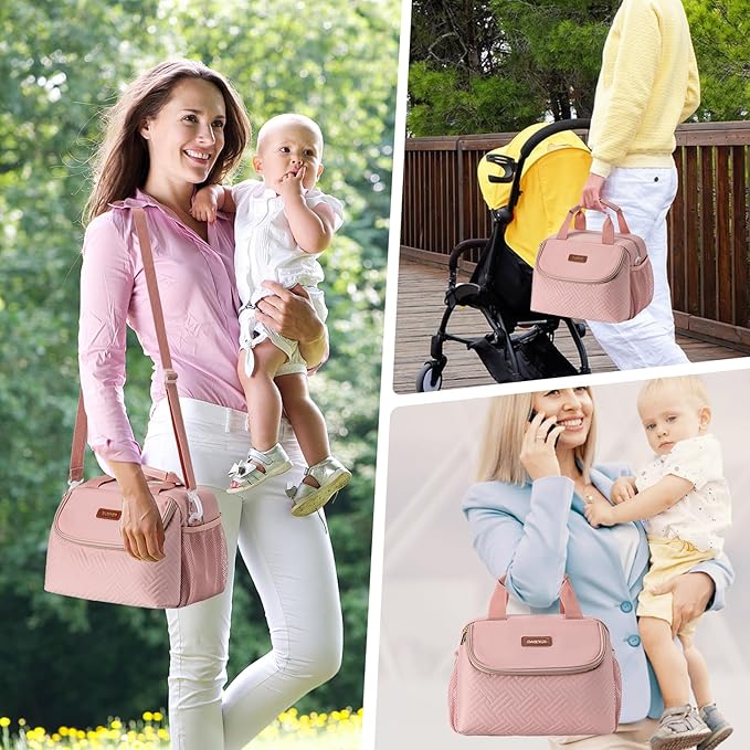 Breastmilk Cooler Bag with Ice Pack Fits 6 Baby Bottles up to 9 Ounce, Wearable Breast Pumps Cooler Bag for Nursing Mom Daycare, Work, Travel- Pink-CubbioJoy