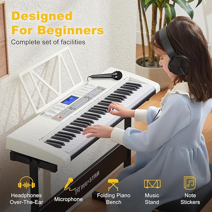 61 Key Piano Keyboard, Electric Keyboard Piano with Light-Up Keys, 255 Tones/Rhythms, Smart Learning System, Headphone, Microphone, Keyboard Stand, Stool, Stickers, Piano Keyboard Set for Beginners-CubbioJoy