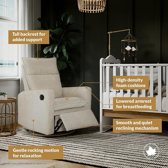 Arya Modern Nursery Glider Recliner Chair – Cozy Nursing Chair with 360° Swivel for New Parents, Gentle Motion, Compact Design, High Back & Low Armrests, Canadian Made (Heather Pearl/Arlo Fabric)-CubbioJoy