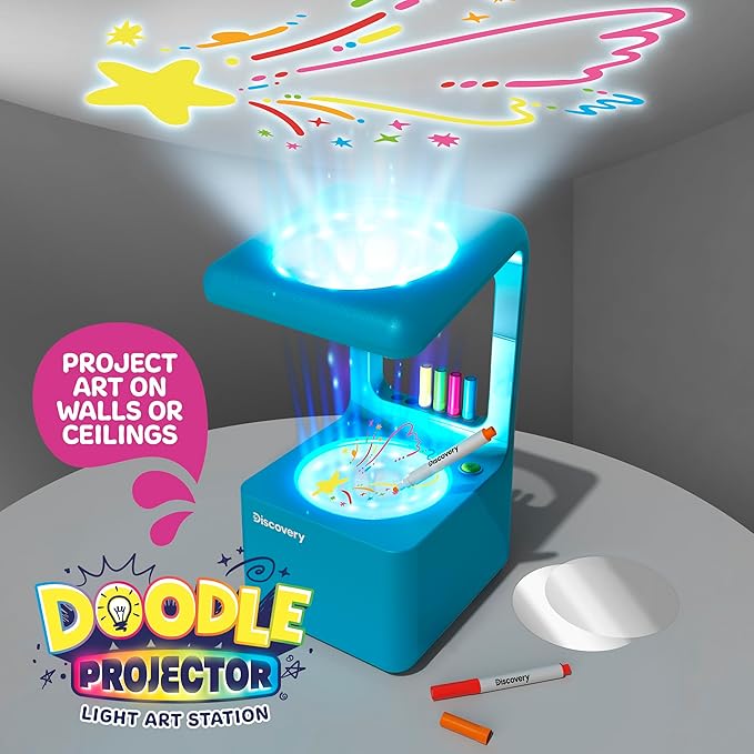 Discovery™ Doodle Projector Light Art Station – Includes 6 Dry-Erase Markers, 10 Reusable Drawing Discs, Project Drawings on Walls & Ceilings| Arts & Crafts Kit for Kids| Tracing Pad Coloring Toy Gift-CubbioJoy