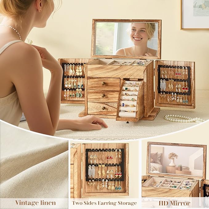 Jewelry Box Organizer, Solid Wood Jewelry Boxes fow Women with Mirror, Double Layer Jewelry Organizer Box Display Earring Necklace Bracelet Ring, Rustic Style Small Jewelry Box for Girls-CubbioJoy