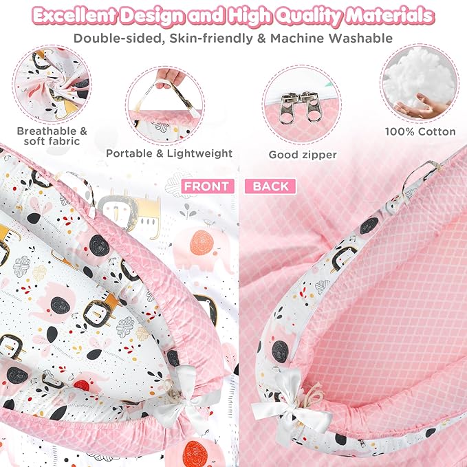 Baby Lounger - Baby Lounger for Newborn 0-24 Months, Breathable and Soft Cotton Cover Baby Nest, Portable Cozy Tummy Time Lounger for Home and Travel, Ideal Baby Essentials & Shower Gifts-CubbioJoy