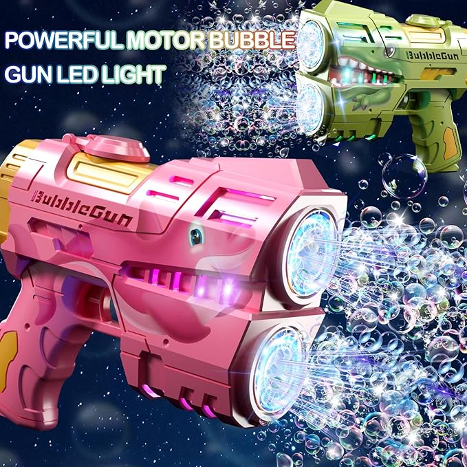 2 Pack Bubble Guns for Kids, Rechargeable LED Light Up Dinosaur Bubbles Machine Blower with 4 Bottles Refill Solution for Toddlers 4-8, Wedding Party Birthday Gift-CubbioJoy