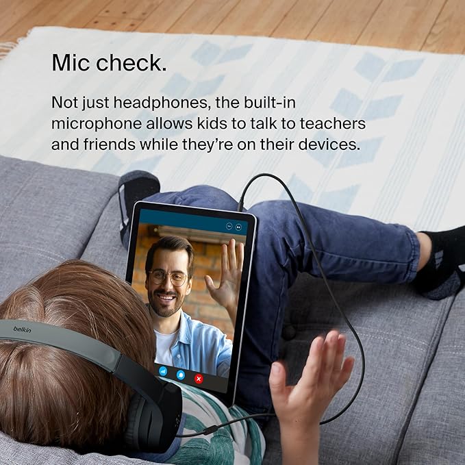 Belkin SoundForm Mini Kids Wired Headphones with Built-in Microphone & Fun Stickers, 85dB Safe Volume Limit – for Online Learning, Travel, Compatible w/iPhone 15, iPad, Galaxy S23, & More - Black-CubbioJoy