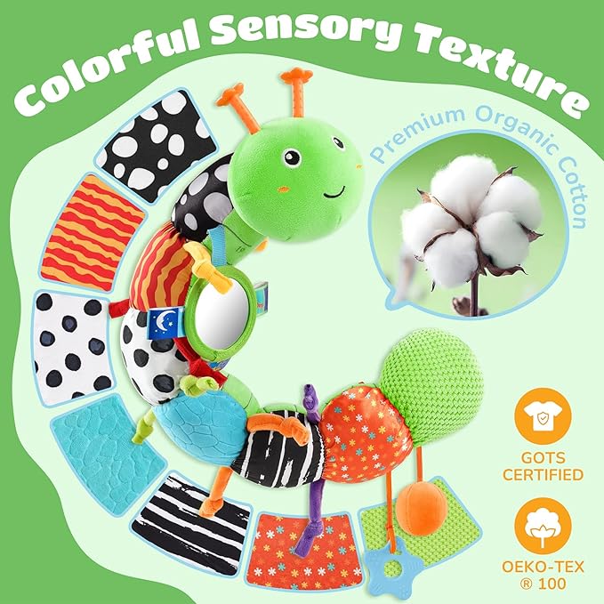Baby Toys 6-12 Months Music Caterpillar Infant Toys Stuffed Animals 0-3-6 Months Tummy Time Teething Sensory Toys with Mirror Rattle&Pull String for Boys Girls Birthday Gifts|Green,Knot Limb-CubbioJoy