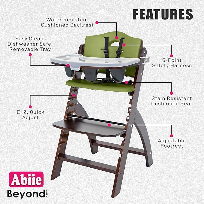 Abiie Beyond Junior Wooden High Chair with Tray - Adjustable and Convertible High Chair for Babies and Toddlers - 6 Months to 250 Lb - Water Resistant - Mahogany Wood/Olive Cushion-CubbioJoy