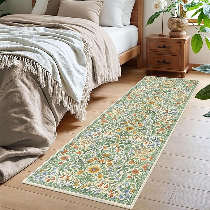 2x6 Washable Runner Rug,Grass Green Floral Boho Area Rug for Hallway,Low-Pile Non-Slip Stain Resistant Carpet for Kitchen, Bedside,Laundry Room,Entryway-CubbioJoy