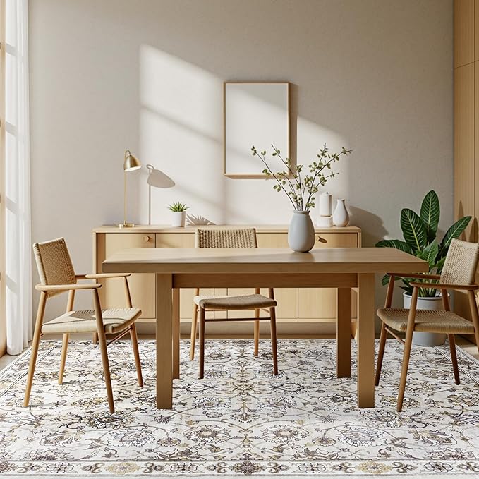 9x12 Neutral Area Rug for Living Room, Washable Large Rugs, Vintage Floral Soft Carpet, Non Slip & Low Pile, Wool Carpets for Indoor Bedroom Dining Home Playroom Office Under Table, Beige-CubbioJoy