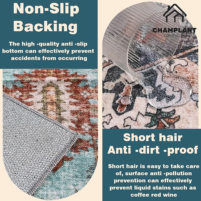 3'x5' Blue Khaki Vintage Washable Thin Area Rug Traditional Floor Cover Foldable Indoor Distressed Non Slip Carpet Floral Print Mat for Bedroom Living Room Bathroom-CubbioJoy