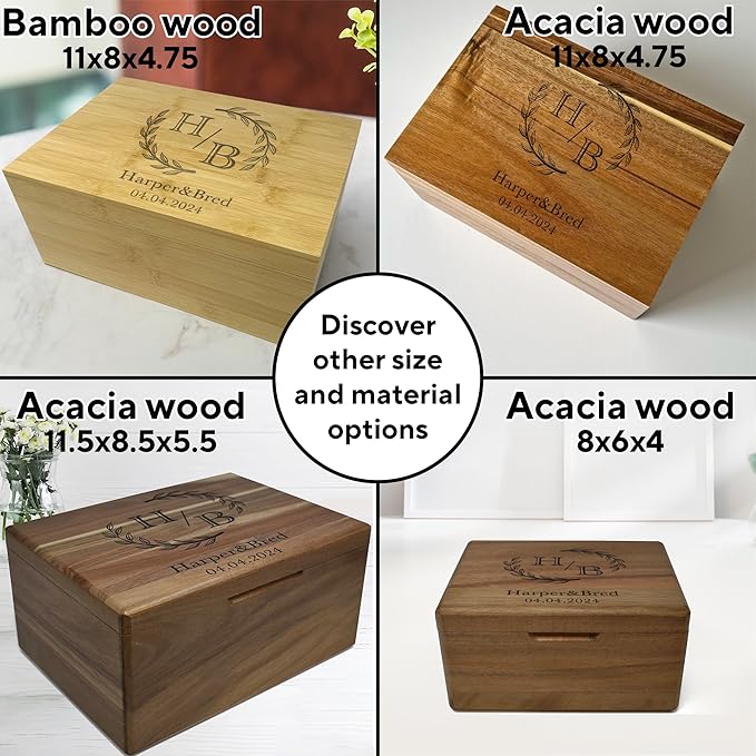 Customized Wedding Memory Box Small - Acacia Wood Engagement Gift Boxes for Couples, Keepsake Box Wedding Personalized, Custom Gift for 5 Year Marriage Anniversary Time Capsule, 8x6x4 in-CubbioJoy