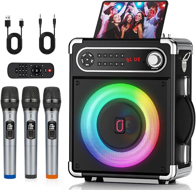 Karaoke Machine with 3 Wireless Microphones for Adults/Kids, Portable Bluetooth 5.3 Karaoke Speaker, Home Party Speaker with Disco Lights for Outdoor, PA System Supports TWS and TV connectivity-CubbioJoy