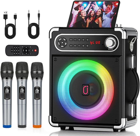 Karaoke Machine with 3 Wireless Microphones for Adults/Kids, Portable Bluetooth 5.3 Karaoke Speaker, Home Party Speaker with Disco Lights for Outdoor, PA System Supports TWS and TV connectivity-CubbioJoy