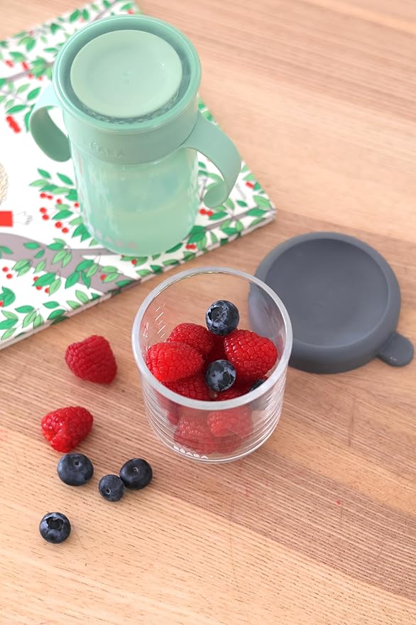 BEABA 8 oz Glass Baby Food Jars with Soft Silicone Air Tight Lids, Glass Storage Containers with Lids, Microwave and Freezer Safe Containers, Mineral-CubbioJoy