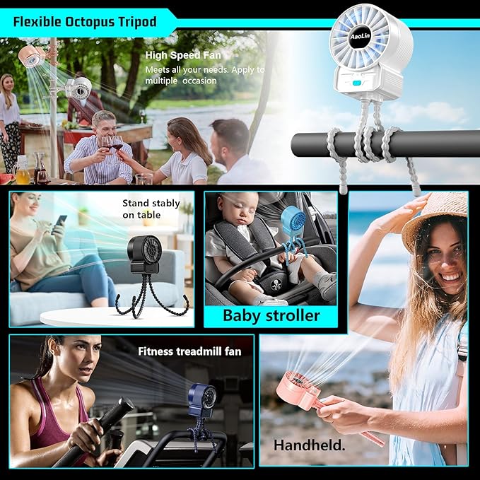 2 Pack Multifunctional Portable Stroller Fan 4 Speed 6600rpm High Speed Usb Rechargeable Personal Mini Handheld Fan Extended Tripod For Desktop Winding Kids Bed Treadmill Bike Golf Cart Outdoor Travel-CubbioJoy