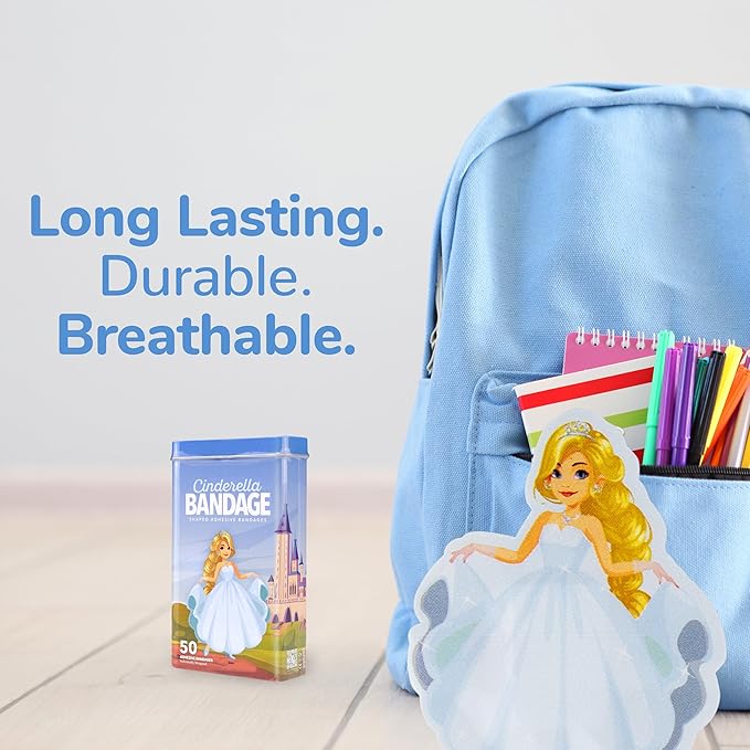 BioSwiss Bandages, Princess Cinderella Shaped Self Adhesive Bandage, Latex Free Sterile Wound Care, Fun First Aid Kit Supplies for Kids and Adults, 50 Count-CubbioJoy