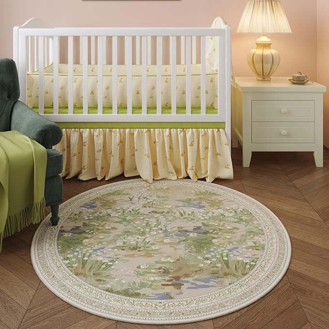 Circle Rug Impressionist-Style Vintage Round Rug 4ft Non Slip Low Pile Small Circular Rug for Bedroom Bathroom Entryway Kids Room Office College Dorm, Beige-CubbioJoy
