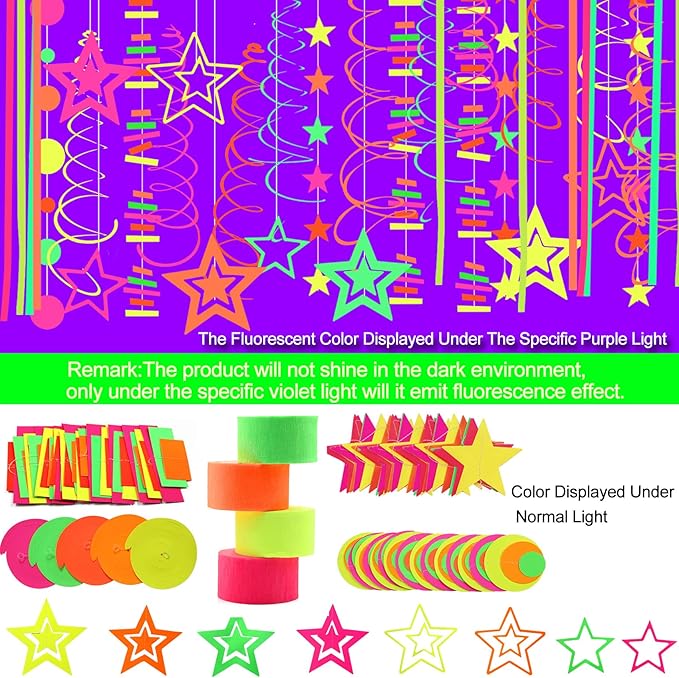 508ft UV Neon Paper Garland Crepe Streamers Glow in The Dark Party Supplies Garland Neon Party Decorations Streamers for Blacklight Reactive Fluorescent Wedding Birthday Party Decorations-CubbioJoy