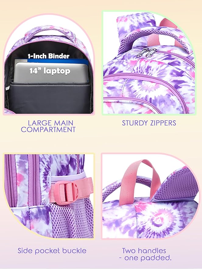 BLUEFAIRY Kids Backpack for Girls Elementary Primary Middle School Bag for Aged 8-10 for Teens Childs Bookbag Back to School Bag Mochilas Escolares para Niñas de 7 8 9 10 Tie-dye Purple-CubbioJoy