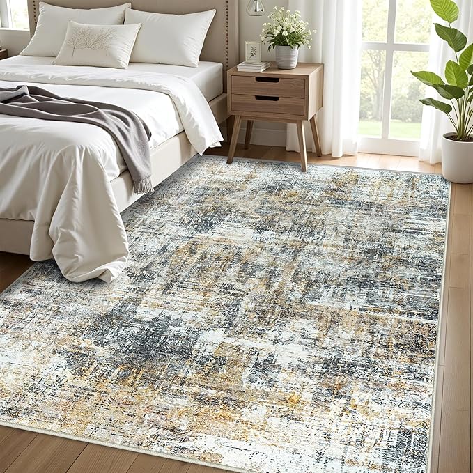 Area Rug Living Room Rugs: 5x7 Abstract Washable Rugs Ultra Soft Carpets with Non-Slip Backing Stain Resistant Carpet for Dining Room Table Bedroom Nursery Indoor Home Office Brown/Gray-CubbioJoy