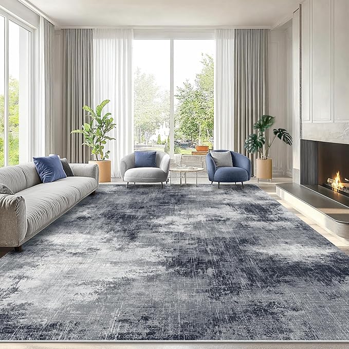 Amada 9x12 Large Area Rug, Modern Abstract Living Room Rug with Non-Slip Backing & Short Pile, Washable Rug with Abstract Pattern for Living Room, Bedroom and Dinning Room, Grey-CubbioJoy