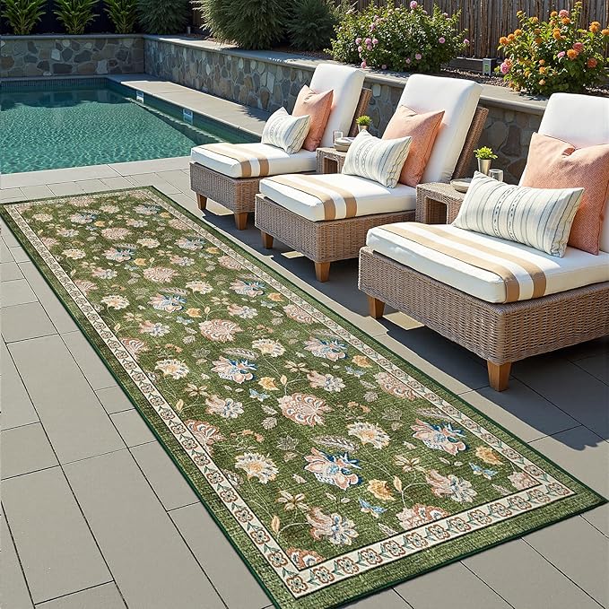 jinchan 3x10 Floral Runner Rug for Hallway Washable Kitchen Runner Vintage Romance Design Non Slip Thin Indoor Floor Cover Low-Profile Throw Carpet for Entryway Bathroom Bedroom Porch, Green-CubbioJoy